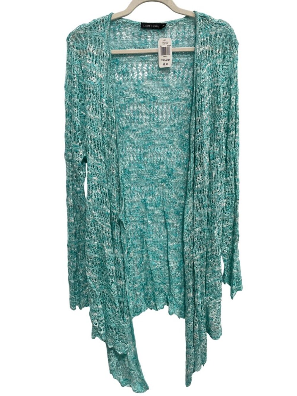 Casual Express Co Cardigan Sweater XXL Crochet Open Front Aqua Cozy Knitwear NEW